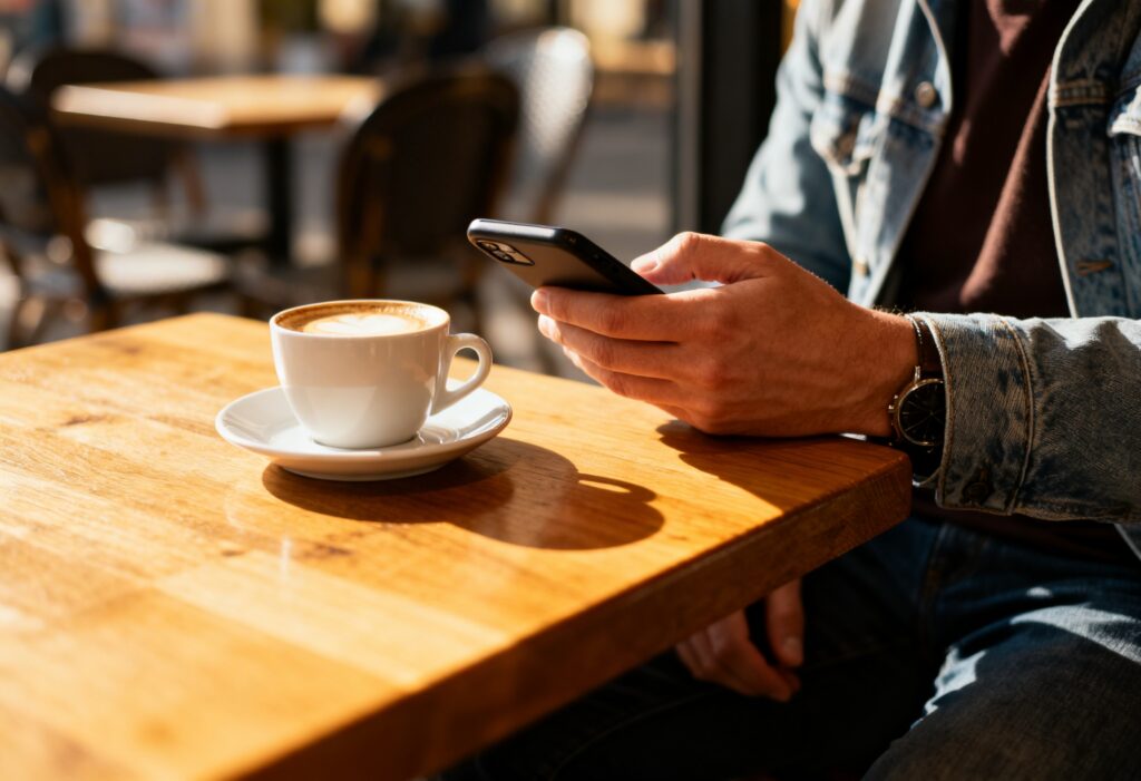 Person prüft mobile Banking-App auf dem Smartphone im Café – das Girokonto der Sparda-Bank Hamburg lässt sich bequem digital verwalten.